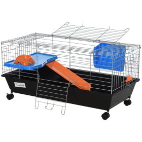 35L Bunny Hutch Rolling Small Animal Cage Guinea Pig Home with Food Dish Water Bottle Hay Feeder Ramp Black