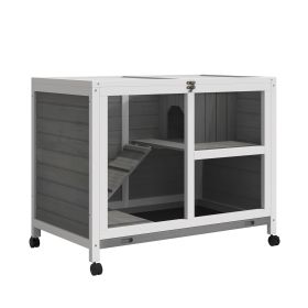 2-Story Bunny Hutch Indoor, Wooden Guinea Pig Cage with Tray, Casters, Lockable Doors, Ramp Gray