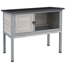Elevated Rabbit Hutch, Wooden Bunny Cage with Hinged Asphalt Roof and Removable Tray, for Indoor/Outdoor, Gray